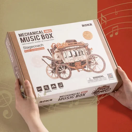 Robotime ROKR Stagecoach Mechanical Music Box 3D Wooden Puzzle AMKA1